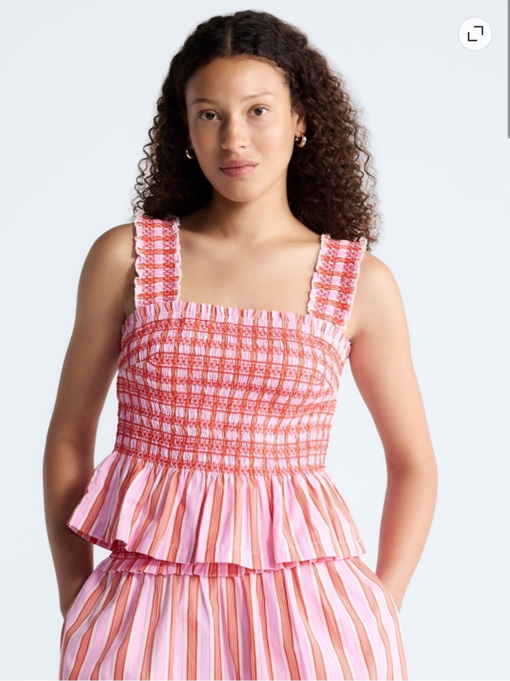 New free assembly Smocked Ruffle-Strap Tank Top - Pink & Orange Stripe large - Picture 1 of 8